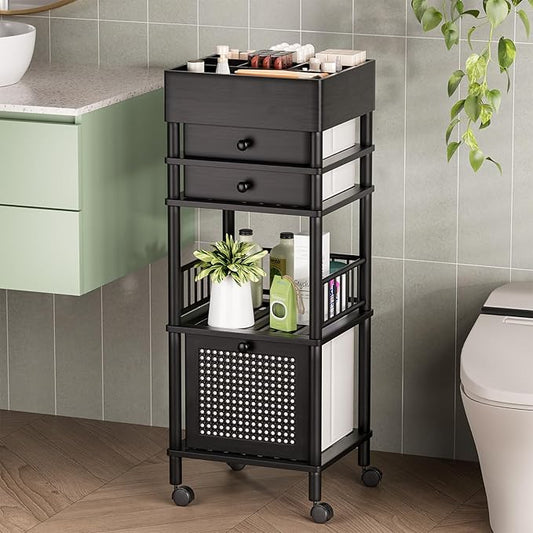 Bamboo Makeup Organizer Cart with 3 Drawers, Black