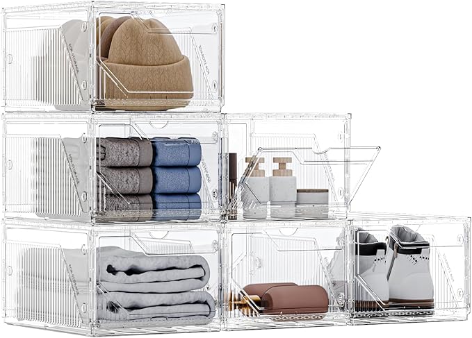 6 Pack Upgraded XX-Large Closet Organizers and Storage with Magnetic Door, New structure is more stable, Thicken & Sturdy Clear Stackable Interconnectable Shoe Box for Entryway, Under Bed