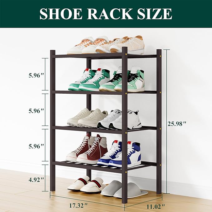 Smiry Small Bamboo Shoe Rack, 4 Tier Free Standing Wooden Shoe Organizer, Stackable Wood Shoe Storage Shelf for Closet, Entryway, 12 Vertical Slats, 2+2 Stack Standard Legs, 17.3"x11"x26", Brown