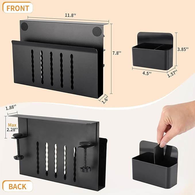 Desk Side Storage with Pen Holder, No Drill Hanging Desk Organizer Under Desk Storage Mount, Clamp-On Laptop Holder Table Side Tray Desktop Organization for Office and Home (Black)