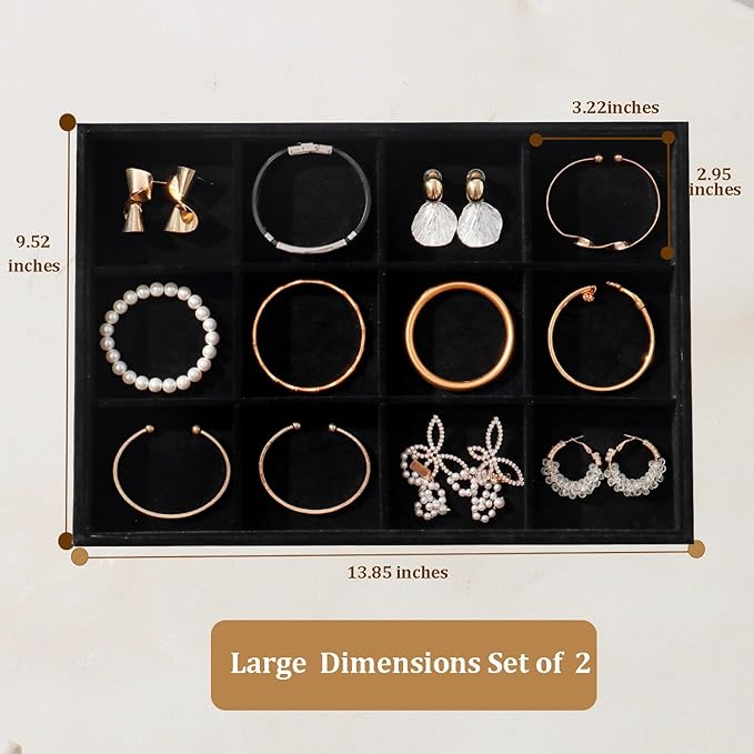 Large Velvet Jewelry Tray 2 Pack Stackable Jewelry Display Drawer Inserts Trays Organizer for Earring Bracelet Necklace Ring (Black, 12 Grids)