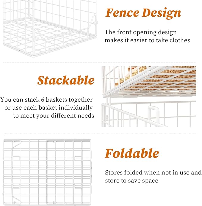 Jakyitvi 6-Tier Closet Shelf Organizer,Metal Stackable Closet Organizers and Storage,Clothes Storage Bins,Shelf Organizer Basket,Folded Shelf Organizer for Closet Wardrobe,White