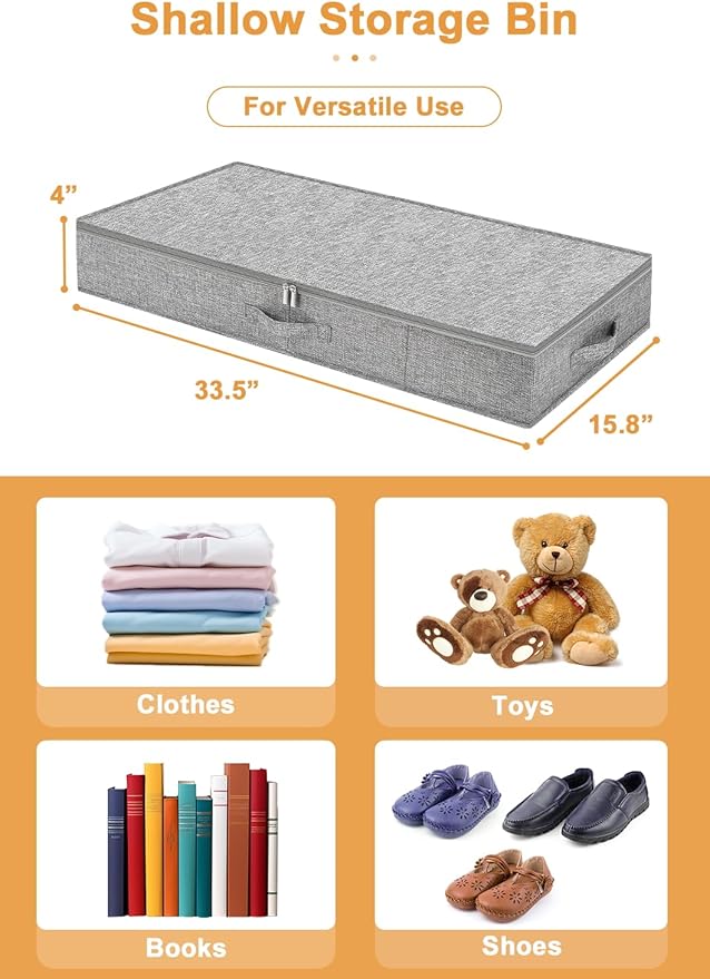 punemi 4 Inch Height Low Profile Under Bed Storage, Underbed Storage Containers With Sturdy Sidewalls & Bottom, Shallow Clothes Storage Bins, Slim Under Couch Sofa Dresser Storage, 2 Pack, Grey
