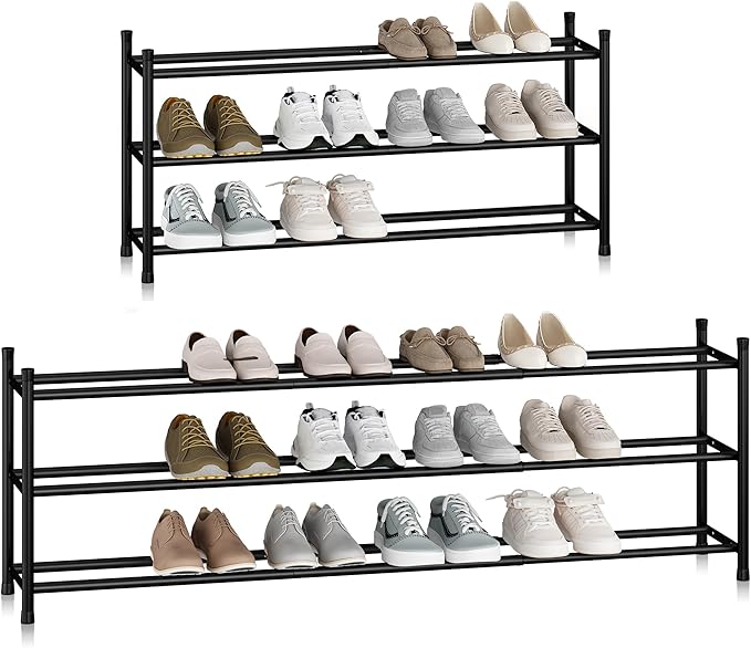 STORAGE MANIAC Long Expandable Shoe Rack, 18 Pairs Metal Wide Stackable Shoe Rack, Adjustable Shoes Shelf, Freestanding Shoes Organizer for Closet, Entryway, Hallway, Garage, Front Door, 3 Tiers