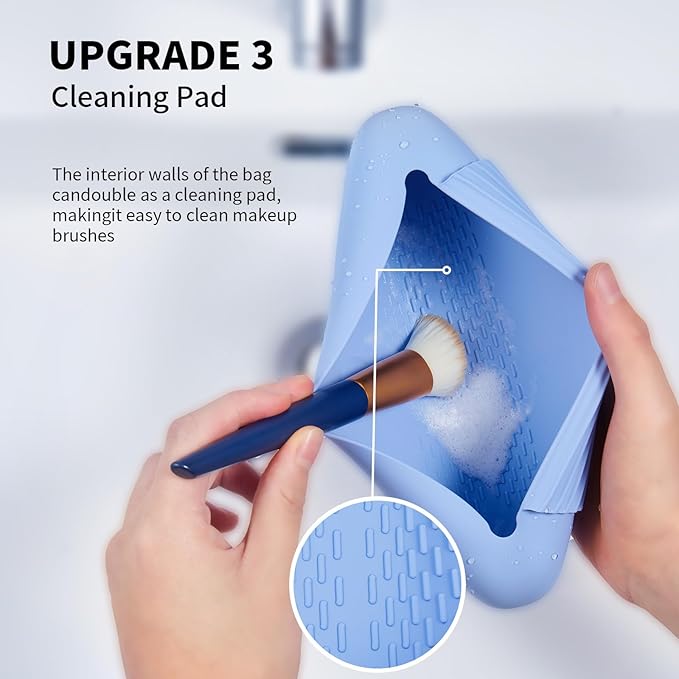 AGIKET Silicone Makeup Brush Holder Travel Cosmetic Bag：Soft Portable Cosmetic Face Brushes Holder with Upgrade Anti-Fall Out Magnetic Closure, Large Travel Makeup Brush Case - Blue