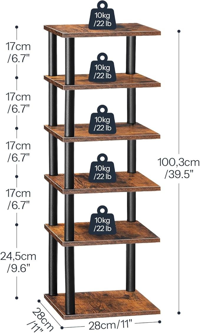 HOOBRO Vertical Shoe Rack, 6-Tier Narrow Shoe Shelf, Shoe Storage Organizer for Small Space, 11" L x 11" W x 39.5" H, Closet, Entryway, Hallway, Bedroom, Rustic Brown and Black BF21XJ01