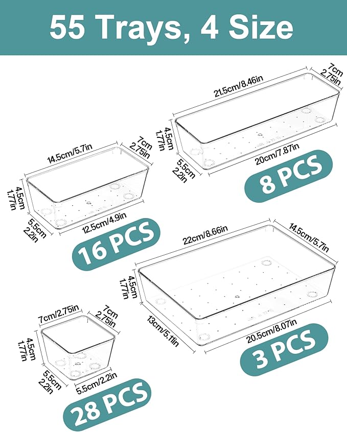 55Pcs Clear Plastic Drawer Organizers Set
