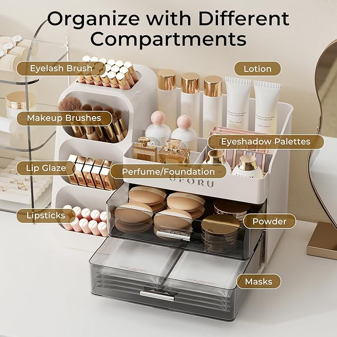 UFORU Makeup Organizer for Vanity with Brush Holder, Large Capacity Bathroom Countertop Skincare Organizer with 2 Drawers, Cosmetic Display Case for Perfumes, Eyeshadow Palettes, Nail Polishes