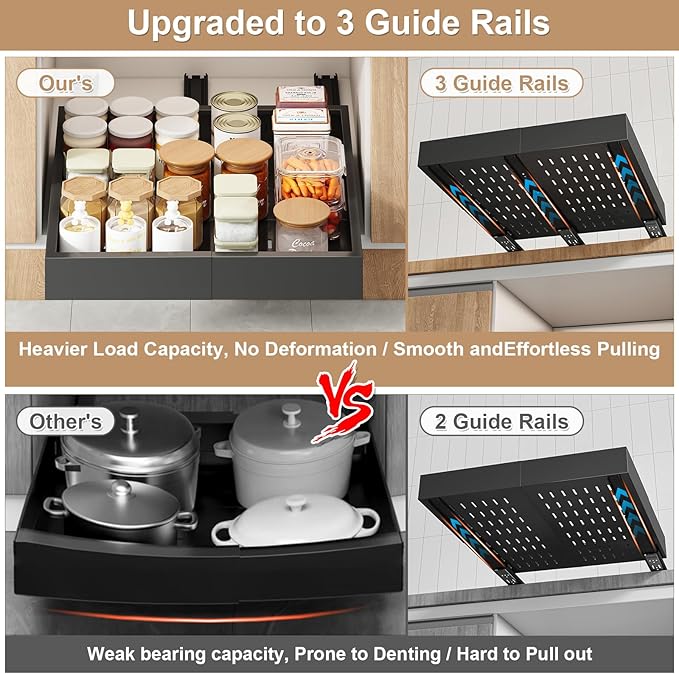 2Pc Pull out Cabinet Organizer,Width (11"-16"),Depth(17"-24") Expandable with 3 Rails,No Drill Roll out Drawers,Adhesive Sliding Drawers,Slide out Shelves for Cabinets Without Lip,Kitchen,Pantry,Black