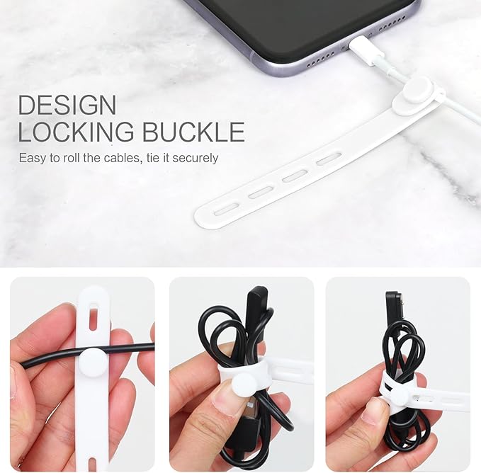 24Pcs Silicone Cable Ties, Reusable & Washable with Locking Buckles, White