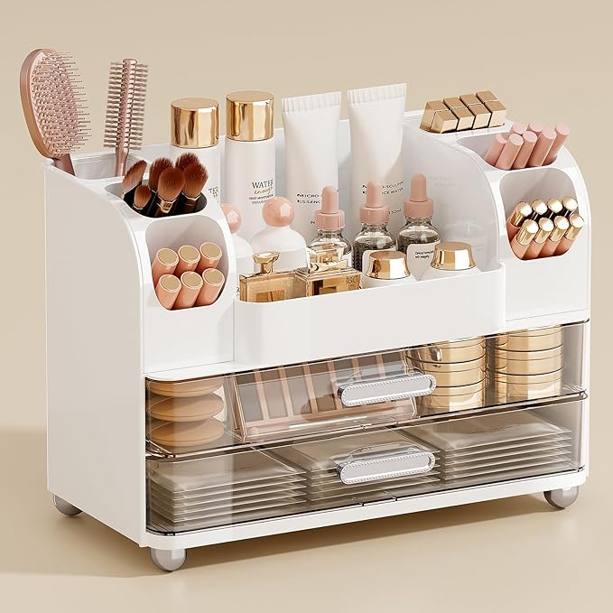 Makeup Organizer for Vanity with 2 Large Drawers, White
