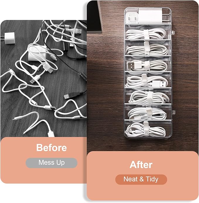 Cable Organizer Storage Box Plastic Cable Cord Management Box Power Cord Organizer Case with 10Pcs Rubber Ties for Office, Home, Desk Accessories Storage Stationery Supplies
