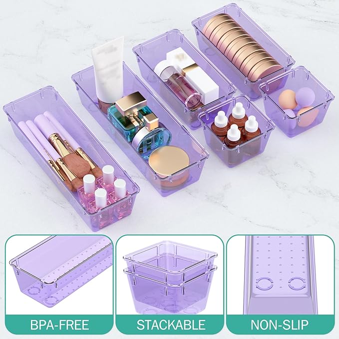 6 Pack Clear Drawer Organizer Set, Acrylic Drawer Storage Trays, Purple