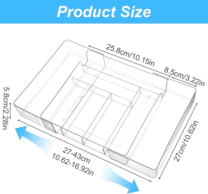 Expandable Acrylic Drawer Organizer, Clear Desk Drawer Organizers Tray with 8 Adjustable Compartments Multifunctional Desk Accessories for Vanity, Office, Kitchen, Bathroom