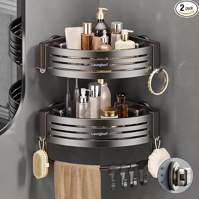 Corner Shower Caddy Suction Cup – Rustproof Aluminum Triangle Shelf with Hooks & Towel Bar, Laungborf No-Drill Wall Storage for Bathroom Kitchen Laundry (Matte Gray, 2 Pack)