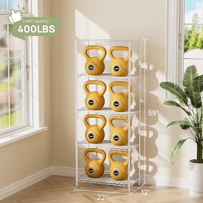 Golpart 5 Tier Adjustable Storage Shelves Heavy Duty Metal Utility Shelf 750LBS Capacity Wire Shelving Unit Organizer Rack for Home Kitchen Office Bathroom Pantry Room 12" D x 22" W x 59" H White