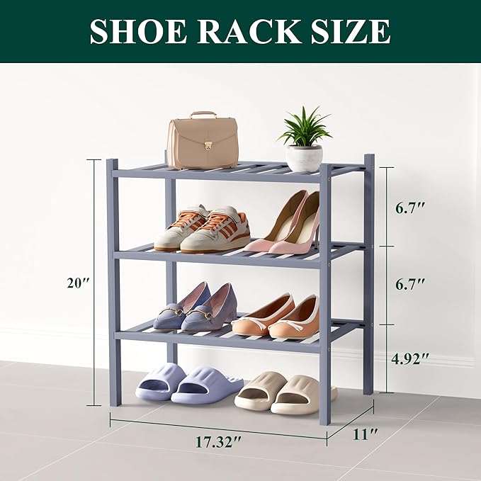 Smiry Bamboo Shoe Rack for Closet, 3 Tier Small Wooden Shoe Organizer, Stackable Wood Shoe Storage Shelf for Entryway, 14 Vertical Slats, One-piece Heavy-Duty Legs, 17.32"x11.02"x18.31", Grey