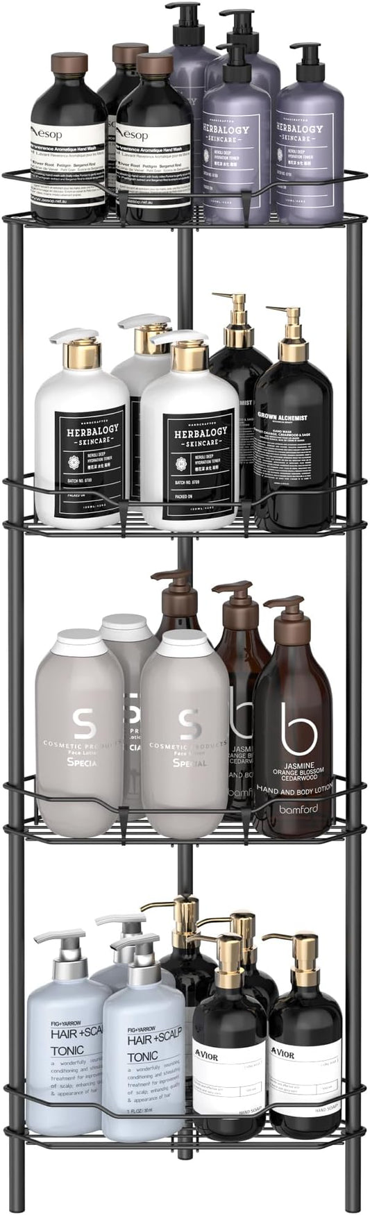 4 Tier Floor Standing Corner Shower Caddy Organizer Shelf with Hooks, Matt Black