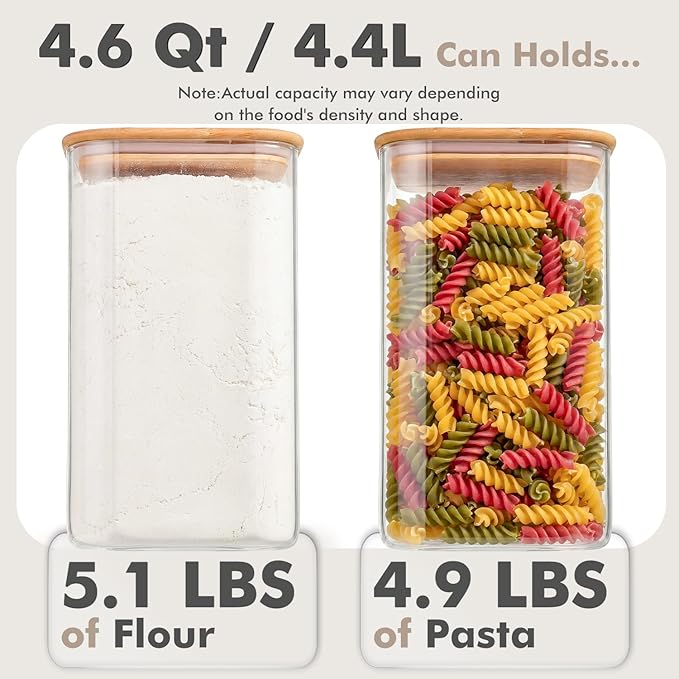 2-Pack 4.6Qt Large Glass Flour Sugar Storage Containers with Bamboo Lids, Wide-Mouth Food Jars with Measuring Cups for Baking, Gallon Glass Storage Pantry Jars for Sugar, Flour, Rice, Oats