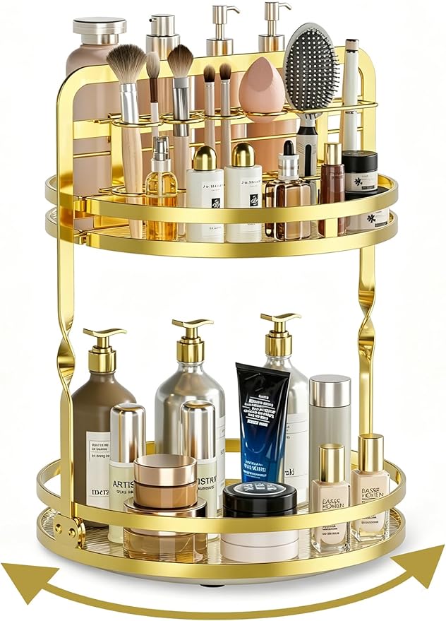 360° Rotating Makeup Organizer, 2-Tier Gold Perfume Organizer for Dresser, Bathroom Organizer Countertop, Lazy Susan Spinning Perfume Stand Vanity Skincare Storage with Makeup Brush Holder