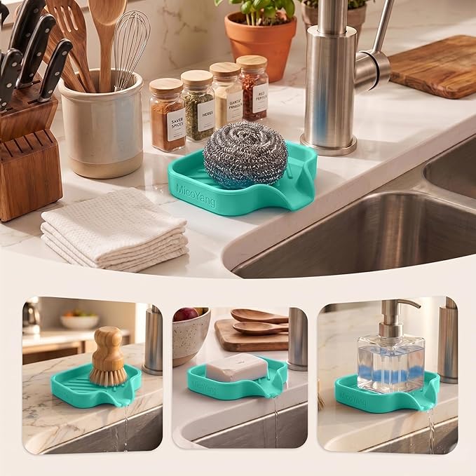 MicoYang Silicone Soap Dish with Drain Spout — Self-Draining Sink Organizer Tray for Bathroom & Kitchen, Holds Bar Soap, Sponges & Dispensers, Non-Slip & Dishwasher Safe, Mint (Small, 4.9"×3.2")