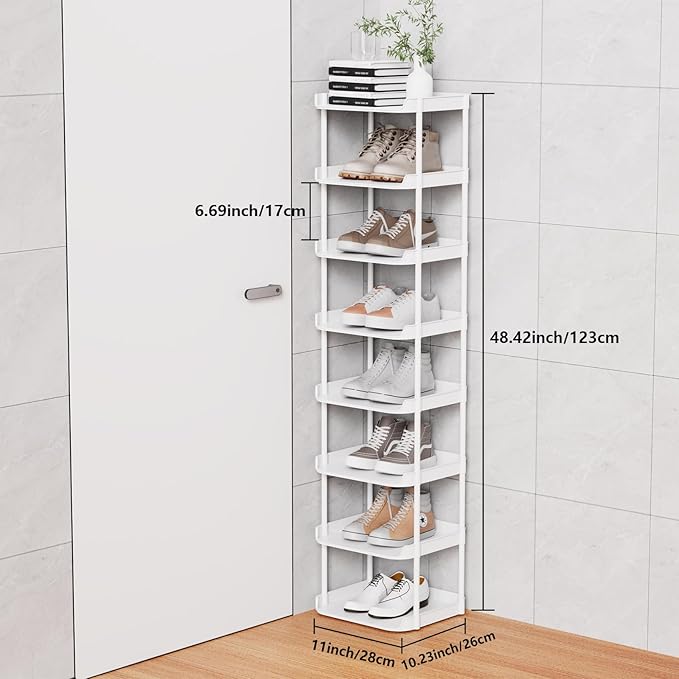 Narrow Shoe Storage Rack, Compact Single Shoerack Stand for Slim Space, Stackable Tall Thin Show Tower, Solid Plastic Shelves, for Hallways, Kitchens, Bedrooms Tidy Organizer (White, 8 Tier)