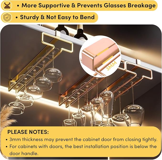 LINFIDITE 2 Pack Under Cabinet Wine Glass Rack Rose Gold Wine Glass Holder Stemware Rack Hanger Kitchen Hanging Storage Rack Organizer (For Partition Thickness under 0.98")