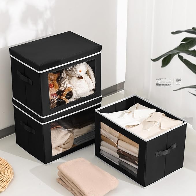 Homsorout Storage Bins with Lids, 4 Pack Large Storage Cubes with Window, Closet Bins with Lids & Handles, Fabric Box for Organizing Clothes, Towels, Books, Black