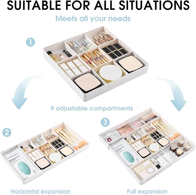 Expandable Drawer Organizer, Width (10.6"-20.1") Depth (11"-20.1"), Plastic Makeup Drawer Organizer with 6 Removable Dividers, Silverware Organizer, Great for kitchen and Bathroom Drawers
