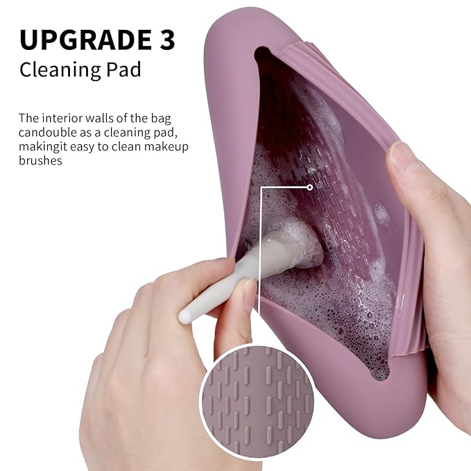 AGIKET 2 IN 1 Silicone Makeup Brush Holder with Beauty Make Up Sponge Holder Case：Soft Portable Cosmetic Face Brushes Holder with Upgrade Anti-Fall Out Magnetic Closure - Light Purple