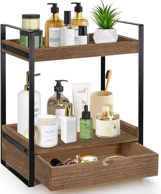 2-Tier Bathroom Organizer Countertop with Drawer, Dark Brown