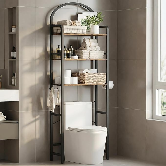 74" H Over the Toilet Storage Rack, 3-Tier Bathroom Organizer with Toilet Paper Holder & Hooks, Metal Frame with Wooden Shelves, Space Saver for Small Bathroom, Rustic Brown and Black