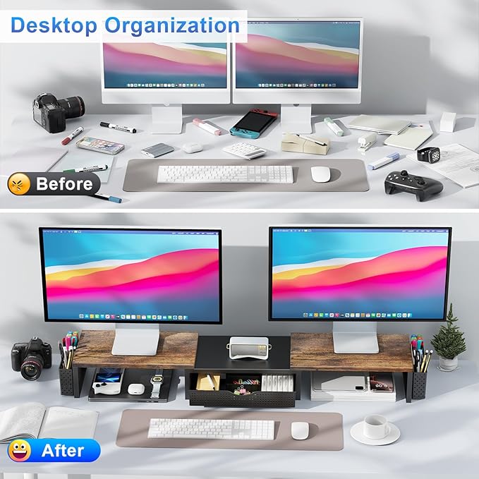 Dual Monitor Stand Riser, Desk Organizer With Drawer and 2 Pen Holders, Wood