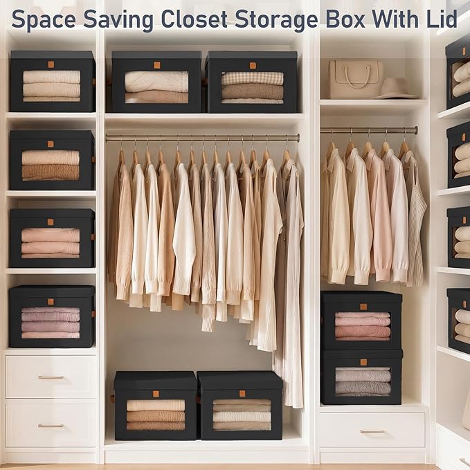DIMJ Storage Bins with Lids - 6 Pack Front Opening Stackable Fabric Storage Boxes with Clear Window & Handles, Collapsible Closet Organizers for Clothes, Sweaters, Shelf Storage, Bedroom, Black