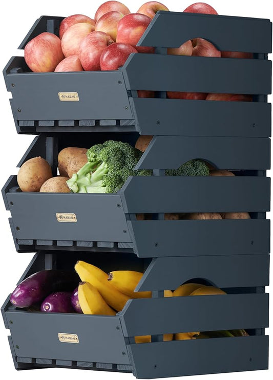 Wood Potato Onion Storage Bins - Wooden Stackable Produce Basket - Fruit Vegetable Storage for Kitchen Pantry Organization, Set 3 Pieces