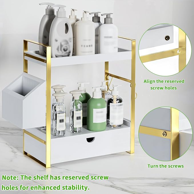 2-Tier Bathroom Counter Organizer with Drawer and Basket, White-gold