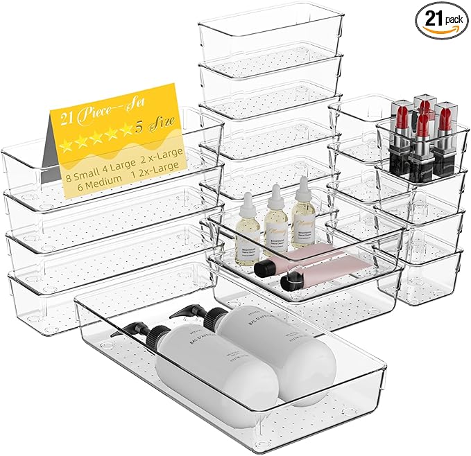 21 PCS Clear Plastic Drawer Organizer Set with 15 Inch Extra Long Bins, 5 Sizes Acrylic Makeup Organizer and Storage Trays, Non Slip Dividers for Vanity, Kitchen and Office