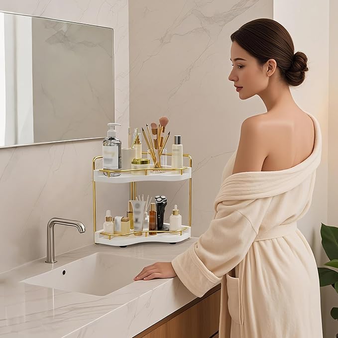 2-Tier Corner Bathroom Counter Organizer with Embedded Screw Holes, Secure & Stable Wood Vanity Shelf for Makeup and Skincare Essentials - Space Saving Bathroom Countertop Storage, White Gold
