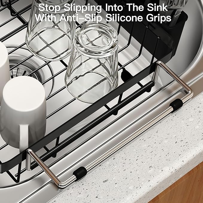 MAJALiS Expandable Stainless Steel Over The Sink Dish Drying Rack for Small Kitchen Counter Space Saving, Compact RV Plate Drainer Strainer in Black Wire Metal with Hanging Adjustable Utensil Holder