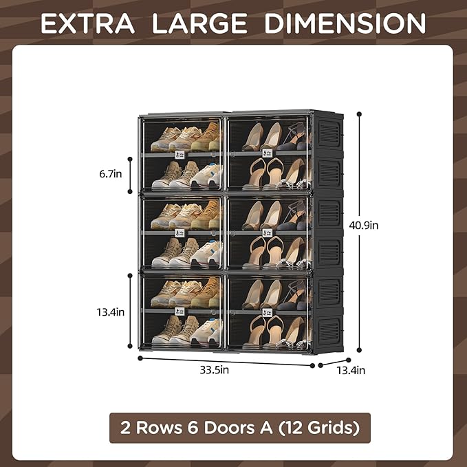 Vipbox Black Shoe Rack Organizer Cabinet for Closet Entryway,Clear Shoe Storage Boxes Stackable Sneaker Storage with Door Easy Assembly Shoe Cabinet with Lids Large 6 Tiers 24 Pairs