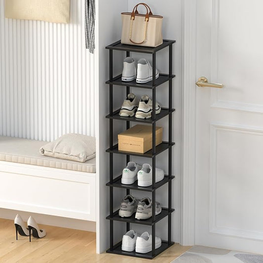 MHXW SXPN Bamboo Free Standing Shoe Rack Shelf Multi Tier Tall Wooden Stackable Shoes Rack Organizer for Closet Front Door Entrance Narrow Vertical Shoe Storage Rack for Corner Stand (Black, 7 Tiers)