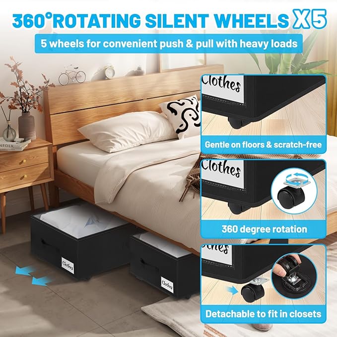 Under Bed Storage with Wheels, 2-Pack 10" Height XXL 75L Rolling Storage Bins, Quick Assembly Underbed Shoe Storage Containers with Clear Lid & Label, Dorm Under Bed Drawers for Clothes, Shoes, Grey