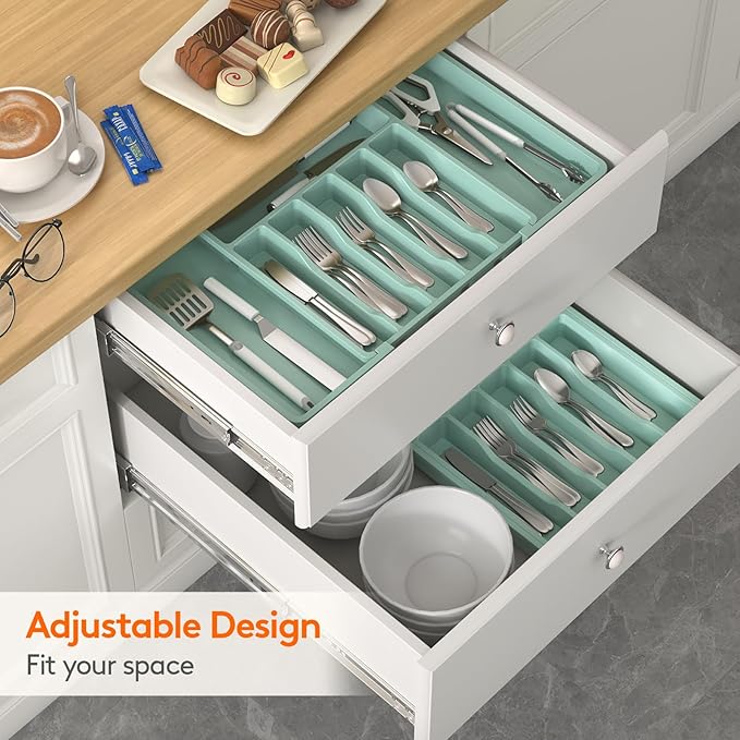 Silverware Drawer Organizer, Expandable Utensil Tray for Kitchen, Turquoise
