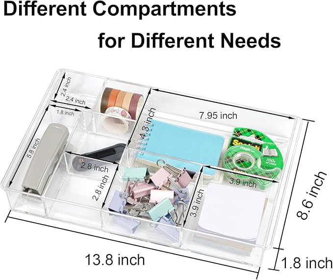 8-Section Clear Drawer Organizer, Large Acrylic Drawer Divider Tray for Desk