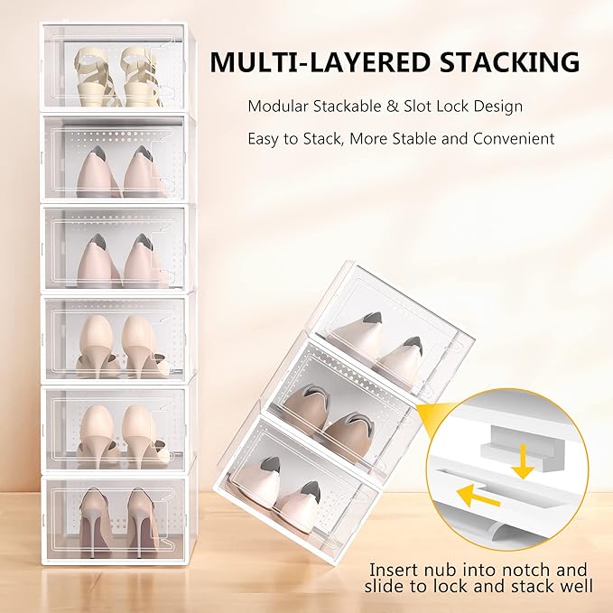 12 Pack XXX-Large Clear Shoe Storage Boxes, Stackable Modular Plastic Shoe Organizer Front-Opening Door, Fit up to US Size 9 to13, Ventilated Dust-Proof Sneaker Display Case Closet, Entryway, White