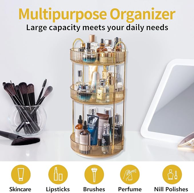 360 Rotating Makeup Organizer for Vanity, 3 Tier Large Capacity Vanity Storage