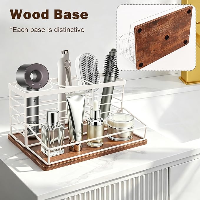 Hair Tool Organizer, Movable Hair Dryer Holder, 12" x 7.7" x 5.8", Wood-White