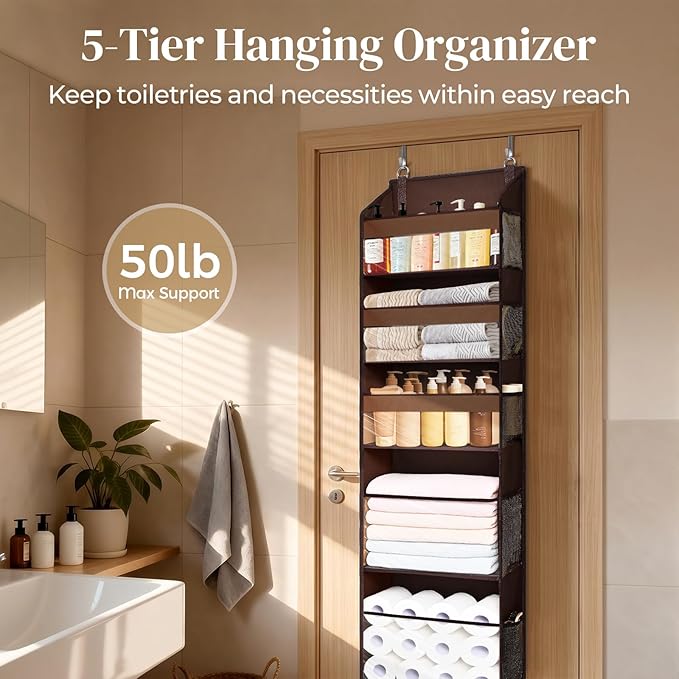 5 Tiers Over Door Organizer with 10 Mesh Side Pockets, Dark Brown