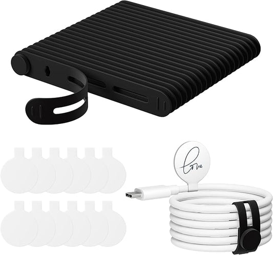 32Pcs Nearockle Cable Labels and Silicone Cable Ties Value Cable Management Set, 20 Cable Ties+12 Cord Labels for Electronics, Travel Home Office Desk Wire Organization(Black&White)