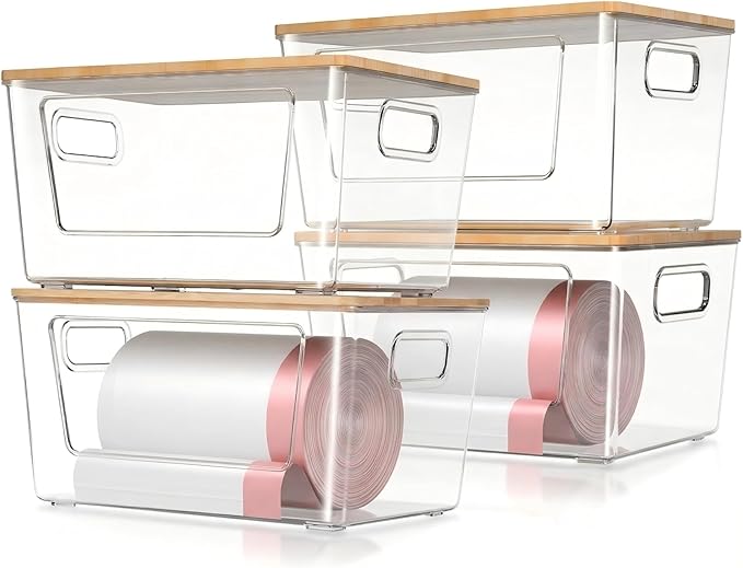 4 Pack Trash Bag Holder with Bamboo Lid, Stackable Trashbag Dispenser